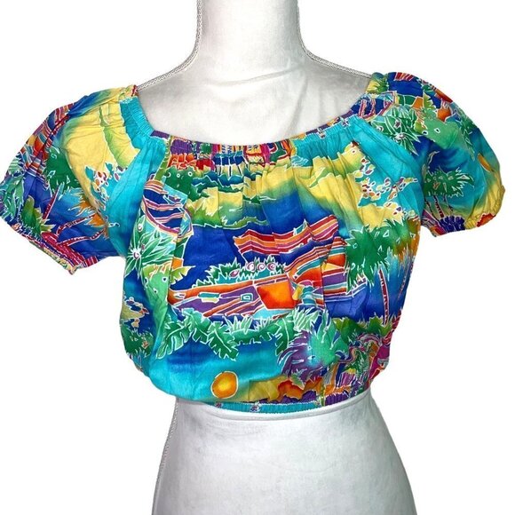 Explosive Womens Crop Top Size Small Vintage Tropical Print Off The Shoulder USA - Picture 1 of 13